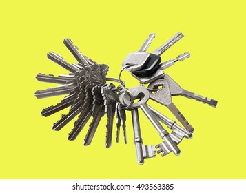 Here Are Lots Of Keys For The Use Of Multiple Door Locks Only A Single House On A Yellow Ground (with Clipping Path).