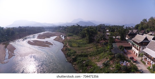 Heritage Buildings On The Nam Kahn River, Luang Prabang, Laos, Aerial Panorama