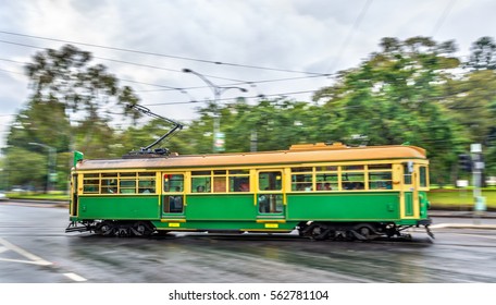 Heritage Tram On La Trobe Street In Melbourne, Australia. Melbourne Tram System Is The Largest Urban Tramway Network In The World