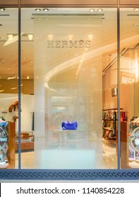 Hermes Shop At Siam Paragon, Bangkok, Thailand, May 9, 2018 : Luxury And Fashionable Brand Display. Fashionable Leather Bag Window Display.