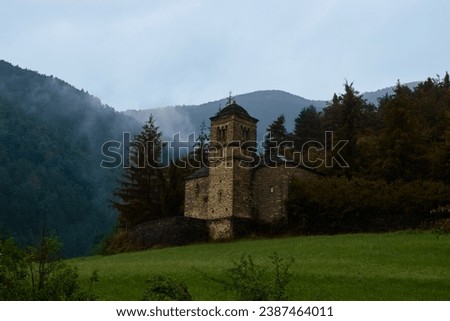The hermitage of San Bartolomé  de Gavín in a foggy day. Mountain landscape
