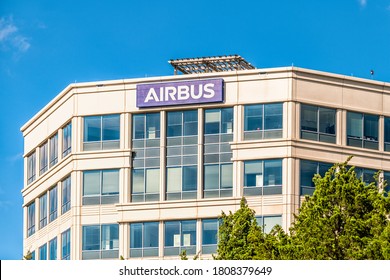 Herndon, USA - August 30, 2020: Airbus European Aerospace Defense Corporation Corporate Headquarters Office Entrance With Sign In Northern Virginia