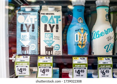 Herndon, USA - May 7, 2020: Sprouts Farmers Market Grocery Store Interior Shelf Packaged Retail Display Of Vegan Plant-based Health Food Oat-ly Milk On Sale