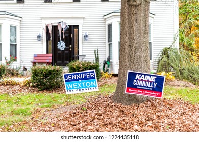 Herndon, USA - November 1, 2018: Political Election Sign For Democrat Congress Woman Jennifer Wexton Representative On Lawn, Tim Kaine, Connolly In Virginia, Halloween Decorations