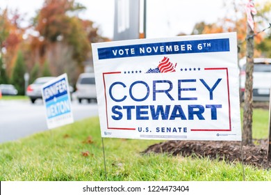 Herndon, USA - November 6, 2018: Democratic, Republican Vote, Election, Voting Signs At High School Polling Station For Nominee, Candidate Corey Stewart, Jennifer Wexton On Sidewalk, Road, Parking Lot