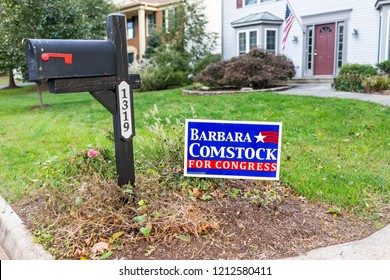 Herndon, USA - October 21, 2018: Political Election Sign For Republican Congress Woman Barbara Comstock Representative On Lawn By Mailbox In Virginia