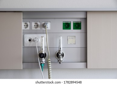 Herne, Germany - July 20,2020: Connections for electricity, oxygen and compressed air in a hospital