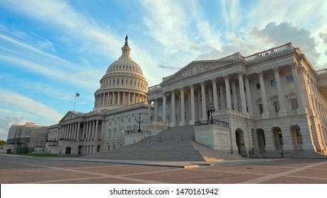 Hero Shot Of The United States Of America (US) National Capitol Building In The Nation's Capital, Washington, District Of Columbia (DC.) This Landmark Is Located In The Capitol Hill / National Mall.