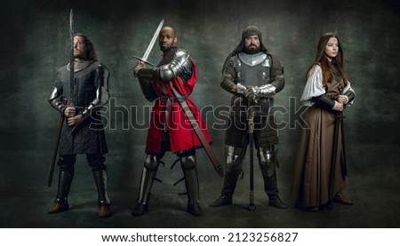 Heroes. Creative art collage with serious male anf female medieval warriors or knights in war clothes with wounded faces holding shield, sword isolated over dark vintage background. Comparison of eras