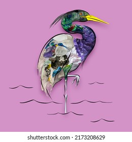 Heron. Conceptual art collage with painted bird filled with garbage and plastic waste isolated over pink background. Pollution, saving environment, ecology, world social and eco issues. Poster - Shutterstock ID 2173208629