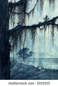 Heron in Swamp Painting
