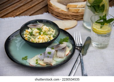 Herring with egg salad, herring, light appetizer, traditional dish of Northern Europe - Shutterstock ID 2230534535