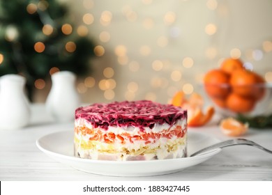 Herring Under Fur Coat Served On White Wooden Table, Space For Text. Traditional Russian Salad