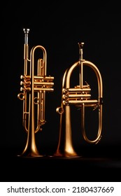 Herselt, Antwerp Belgium - Jul 13 2022: Studio Photo Of 2 Brass Wind Instruments In A Yellow Color And Fully Gilded Trumpet And Flugelhorn Photographed Against A Black Background.
