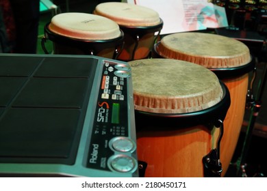 Herselt, Antwerp Belgium - Jul 13 2022: Photo Of A Digital Drum Kit And The Large Timpani Set On An Orchestra Stage Set.
