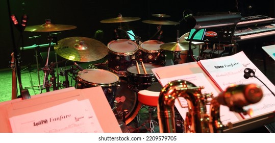 Herselt, Antwerp Belgium - Okt 2 2022: Detail Photo Of The Extensive Drum Set Of A Large Brass Wind Orchestra. Musical Stage Setting  Of  Sound Instruments Before Event.
