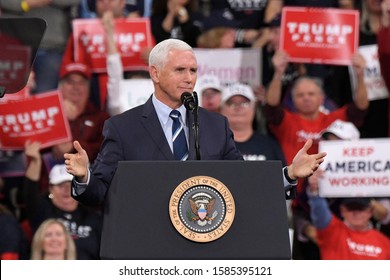 HERSHEY, PA - DECEMBER 10 : U.S. Vice President Mike Pence Speaks At A Campaign Rally On December 10, 2019 At Giant Center In Hershey, Pennsylvania.