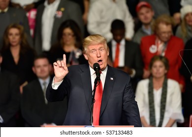 HERSHEY, PA - DECEMBER 15, 2016: President-Elect Donald Trump gestures during a speech to a large crowd at a Thank You tour rally held at the Giant Center.