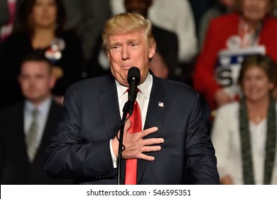 HERSHEY, PA - DECEMBER 15, 2016: President-Elect Donald Trump speaks of his relief to have won the state of Texas on Election night during his speech at the "Thank You Tour" rally at the Giant Center.