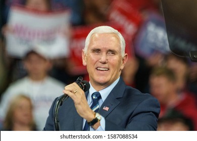 Hershey, PA / USA - December 7, 2019:  US Vice President Mike Pence speaking at a political rally after the US Congress House Leaders announced impeachment proceedings against President Trump.