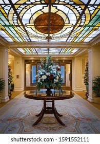 Hershey, Pennsylvania - December 17, 2019: Lobby Of The Hotel Hershey Decorated For The Holidays.