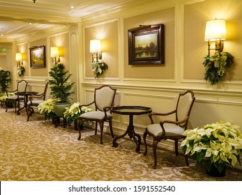 Hershey, Pennsylvania - December 17, 2019: Lobby Of The Hotel Hershey Decorated For The Holidays.