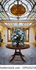 Hershey, Pennsylvania - December 17, 2019: Lobby Of The Hotel Hershey Decorated For The Holidays.