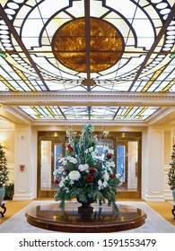 Hershey, Pennsylvania - December 17, 2019: Lobby Of The Hotel Hershey Decorated For The Holidays.