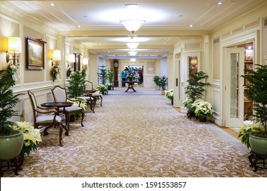 Hershey, Pennsylvania - December 17, 2019: Lobby Of The Hotel Hershey Decorated For The Holidays.