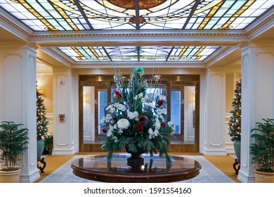 Hershey, Pennsylvania - December 17, 2019: Lobby Of The Hotel Hershey Decorated For The Holidays.