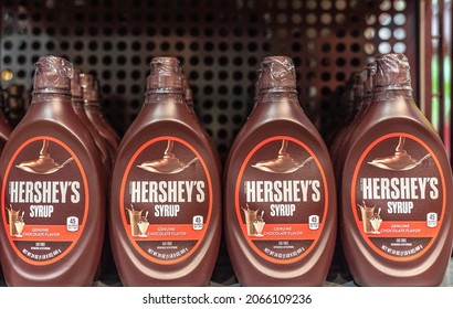 Hershey Pennsylvania, October 15, 2021: Hershey Chocolate Syrup On Display At Hershey Chocolate World Retail Store.