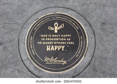 Hershey, Pennsylvania, USA - August 29 2021: Commemorative Plaque At Hershey Park.