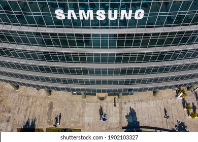 Herzliya, Israel - January 24, 2021: Large Samsung  Logo Sign On A Company Building In Herzliya Hi Tech Campus, Aerial Image.  