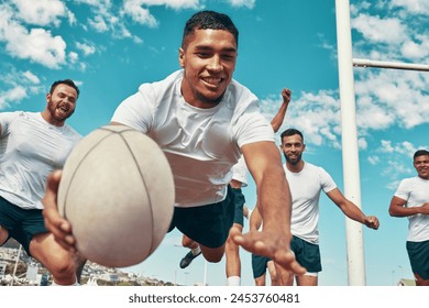 Hes the man of the match. Shot of a rugby player scoring a try while playing on a field. - Powered by Shutterstock