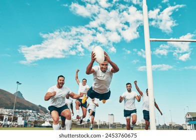 Hes the man of the match. Shot of a rugby player scoring a try while playing on a field. - Powered by Shutterstock