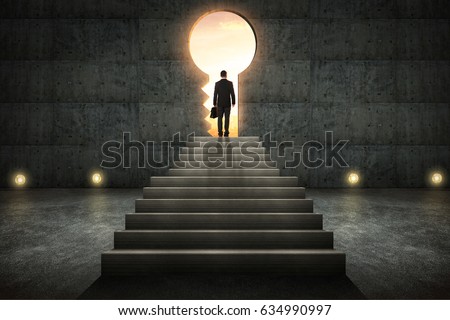 Hesitant businessman stand on stair against conrete wall with key hole door ,sunrise scene city skyline outdoor view .