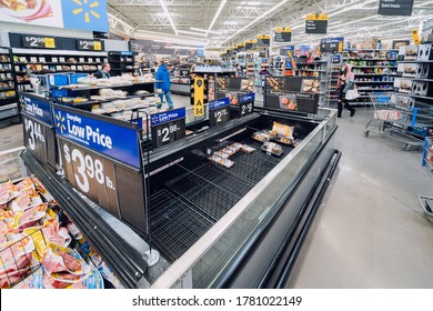 Hesperia, California / United State - March 14 2020 Empty Grocery Store Meat Bunkers During The Coronavirus COVID-19 Outbreak