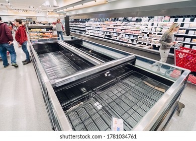 Hesperia, California / United States - March 14 2020 Empty Grocery Store Meat Bunker During The Coronavirus COVID-19 Outbreak