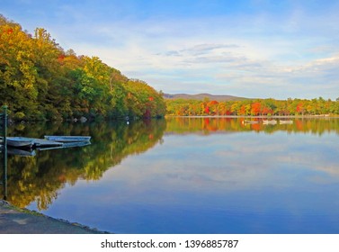 Hessian Lake at Bear Mountain New York,USA, in fall with reflections and rowboats.              - Powered by Shutterstock