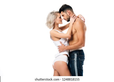 heterosexual couple hugging and looking at each other isolated on white