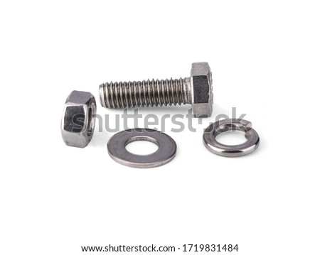 Hex bolt nut and washer on white background
