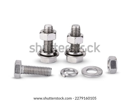 Hex bolt nut and washer on white background.