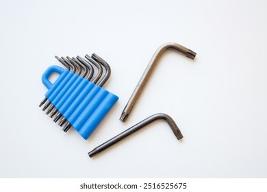 Hex keys. Hexagonal L key set for mechanics, repair, maintenance and industrial work. Allen wrench tool kit for handyman or contractor. Hardware isolated on white background.