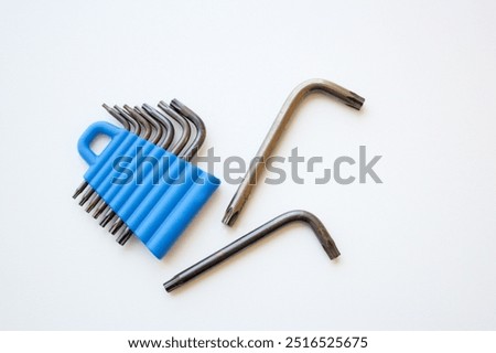 Hex keys. Hexagonal L key set for mechanics, repair, maintenance and industrial work. Allen wrench tool kit for handyman or contractor. Hardware isolated on white background.