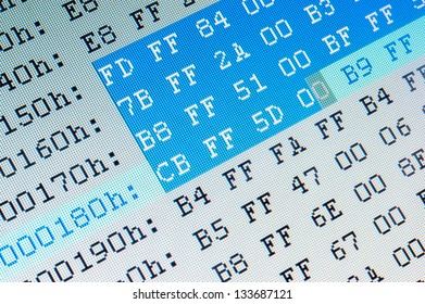Hexadecimal data close up on computer LCD monitor