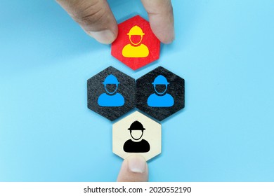 hexagon with icons of laid off workers, permanent employees and new employees