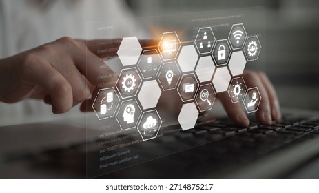 Hexagon interface combining AI, data, analytics, and cybersecurity. AI connects systems, data drives analytics, data supports decisions, and AI enables smart business infrastructure. Latch