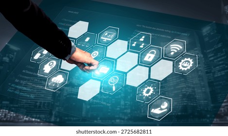 Hexagon interface combining AI, data, analytics, and cybersecurity. AI connects systems, data drives analytics, data supports decisions, and AI enables smart business infrastructure. Vouch