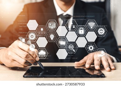 Hexagon interface combining AI, data, analytics, and cybersecurity. AI connects systems, data drives analytics, data supports decisions, and AI enables smart business infrastructure. Vouch