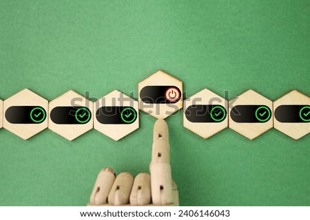 hexagon layout with on and off button icons. inspection concept. close and open concept. Power on off switch or start and stop button concept.